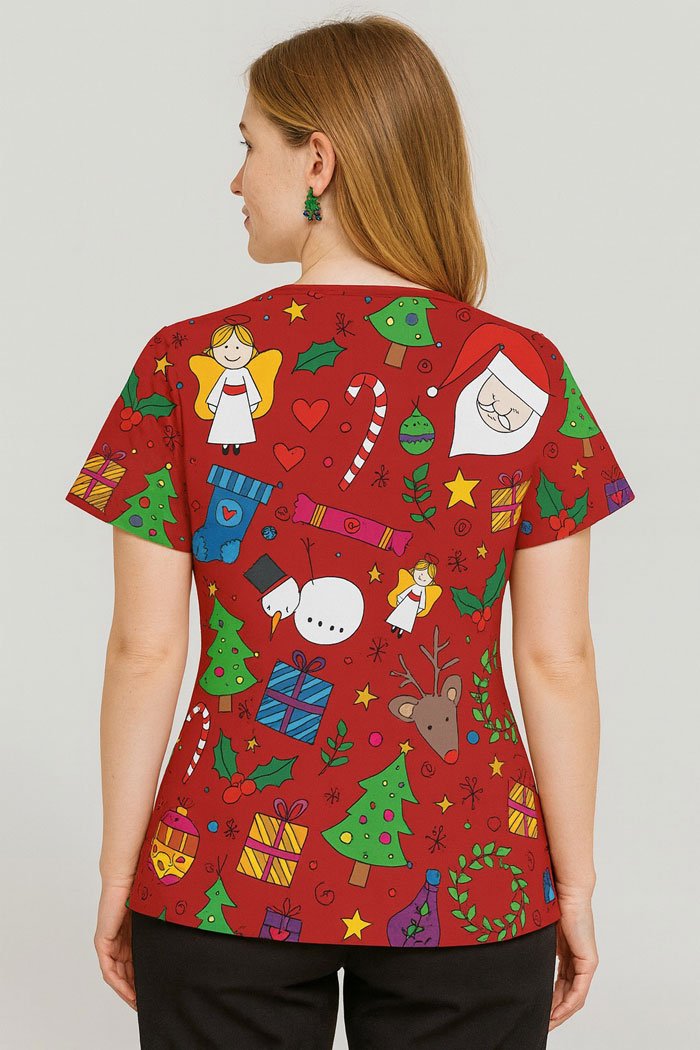 Doodle Christmas Scrub Top – Fun Red Holiday Medical Uniform with Santa, Reindeer & Gifts Print | Festive Scrubs for Nurses & Doctors
