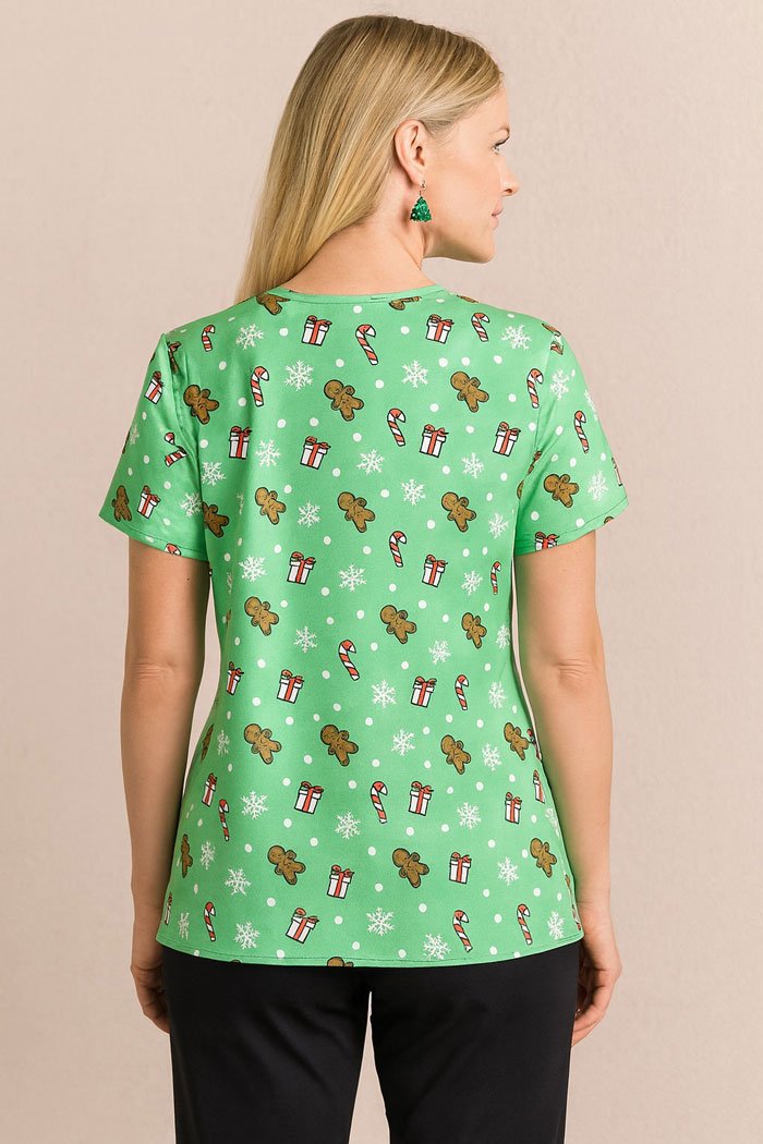 Gingerbread Christmas Scrub Top – Green Holiday Medical Uniform with Candy Cane & Gift Print | Festive Scrubs for Nurses & Doctors
