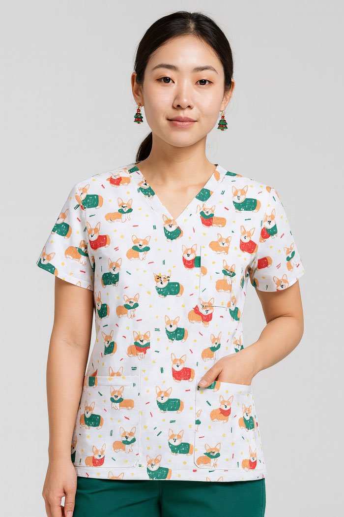 Corgi Christmas Scrub Top – Festive Dog Print Medical Uniform for Nurses, Doctors & Healthcare Professionals | Unisex Holiday Scrubs