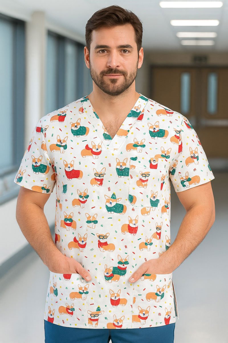 Corgi Christmas Scrub Top – Festive Dog Print Medical Uniform for Nurses, Doctors & Healthcare Professionals | Unisex Holiday Scrubs