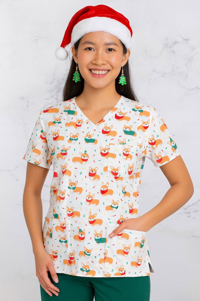 Corgi Christmas Scrub Top – Festive Dog Print Medical Uniform for Nurses, Doctors & Healthcare Professionals | Unisex Holiday Scrubs
