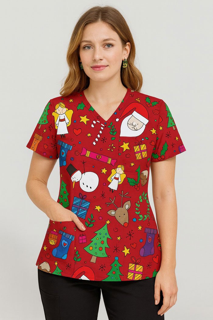 Doodle Christmas Scrub Top – Fun Red Holiday Medical Uniform with Santa, Reindeer & Gifts Print | Festive Scrubs for Nurses & Doctors