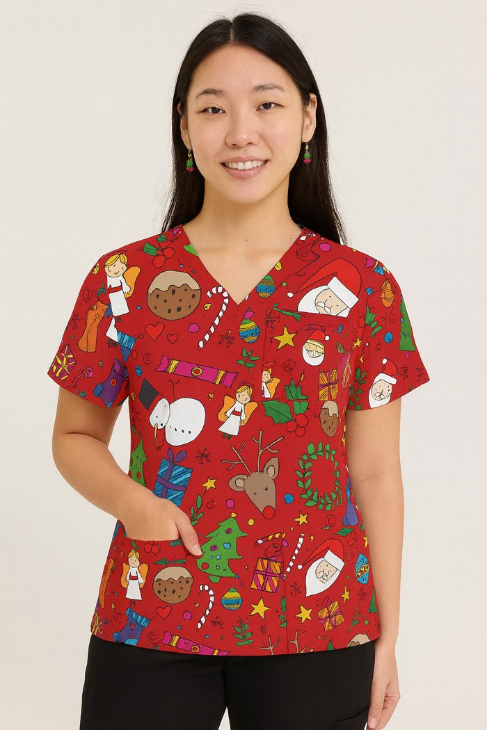 Doodle Christmas Scrub Top – Fun Red Holiday Medical Uniform with Santa, Reindeer & Gifts Print | Festive Scrubs for Nurses & Doctors