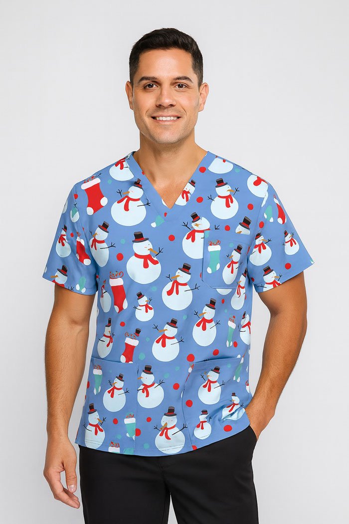 Frosty Christmas Scrub Top – Blue Snowman Print Holiday Medical Uniform | Festive Scrubs for Nurses, Doctors & Healthcare Professionals