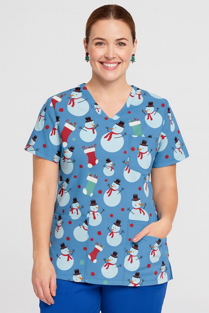 Frosty Christmas Scrub Top – Blue Snowman Print Holiday Medical Uniform | Festive Scrubs for Nurses, Doctors & Healthcare Professionals