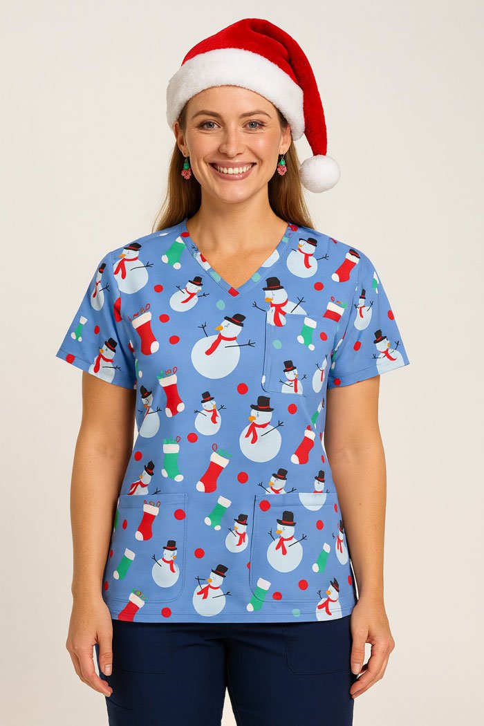 Frosty Christmas Scrub Top – Blue Snowman Print Holiday Medical Uniform | Festive Scrubs for Nurses, Doctors & Healthcare Professionals
