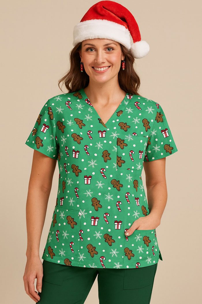Gingerbread Christmas Scrub Top – Green Holiday Medical Uniform with Candy Cane & Gift Print | Festive Scrubs for Nurses & Doctors