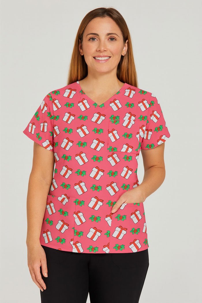 Holly Gift Christmas Scrub Top – Pink Holiday Medical Uniform with Gift & Mistletoe Print | Festive Scrubs for Nurses & Doctors