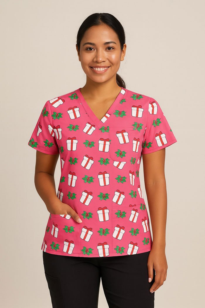 Holly Gift Christmas Scrub Top – Pink Holiday Medical Uniform with Gift & Mistletoe Print | Festive Scrubs for Nurses & Doctors