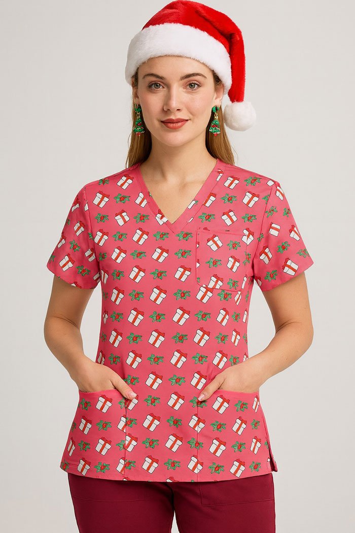 Holly Gift Christmas Scrub Top – Pink Holiday Medical Uniform with Gift & Mistletoe Print | Festive Scrubs for Nurses & Doctors