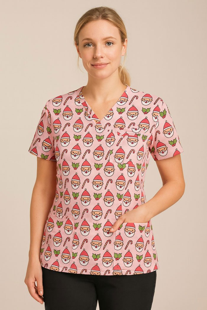 Santa Christmas Scrub Top – Pink Holiday Medical Uniform with Santa & Candy Cane Print | Festive Scrubs for Nurses & Doctors