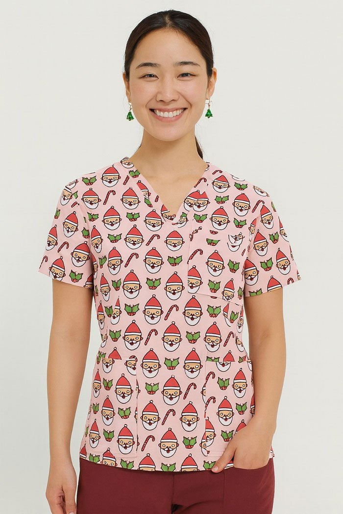 Santa Christmas Scrub Top – Pink Holiday Medical Uniform with Santa & Candy Cane Print | Festive Scrubs for Nurses & Doctors