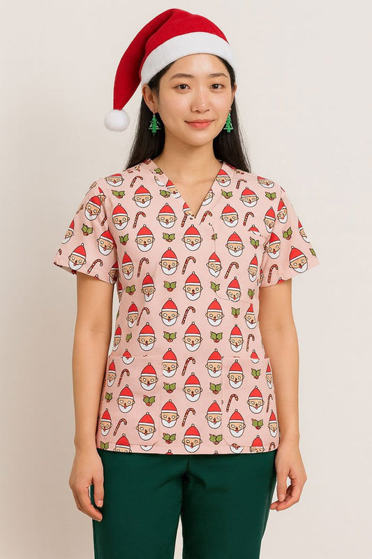 Santa Christmas Scrub Top – Pink Holiday Medical Uniform with Santa & Candy Cane Print | Festive Scrubs for Nurses & Doctors