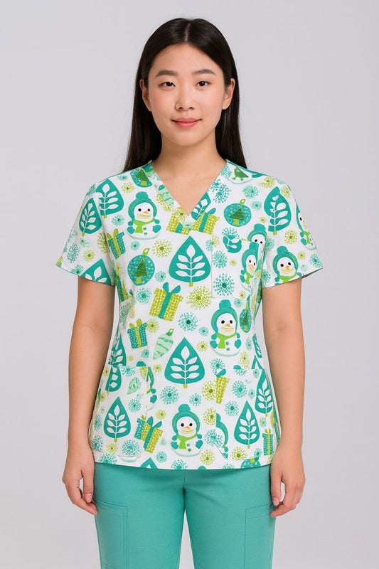 Women’s Snowman Print Christmas Scrub Top – Festive V-Neck Medical Uniform with Pockets