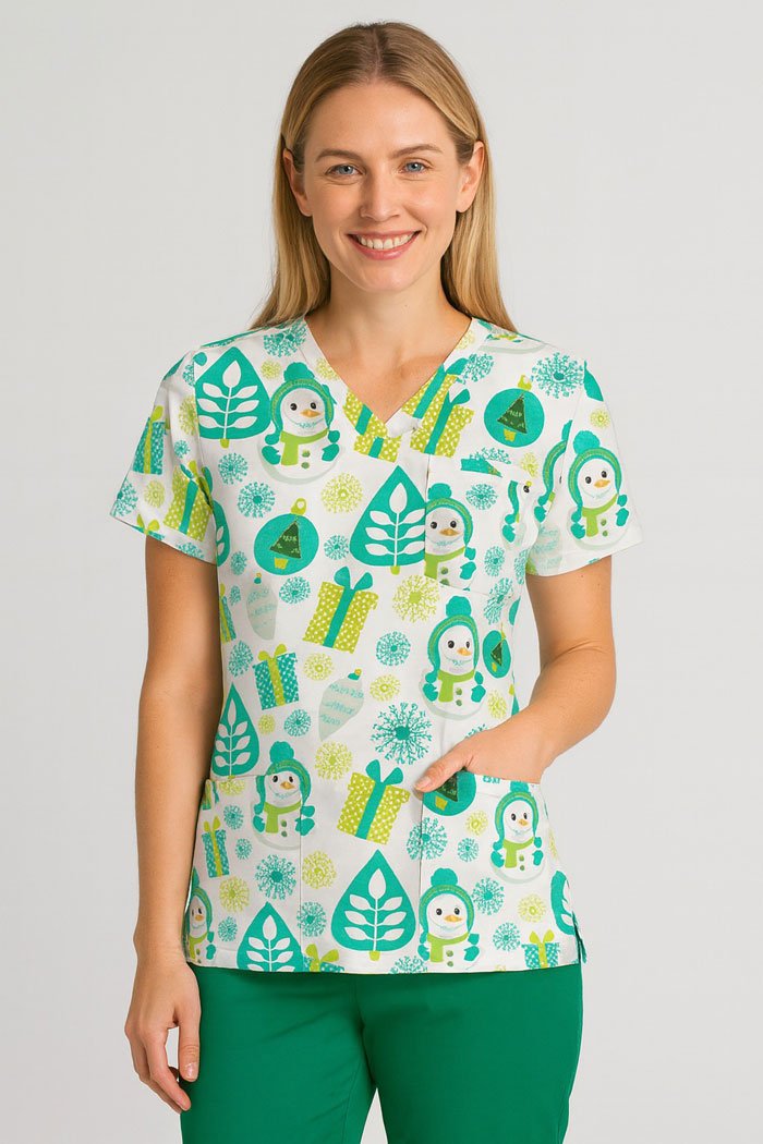 Women’s Snowman Print Christmas Scrub Top – Festive V-Neck Medical Uniform with Pockets
