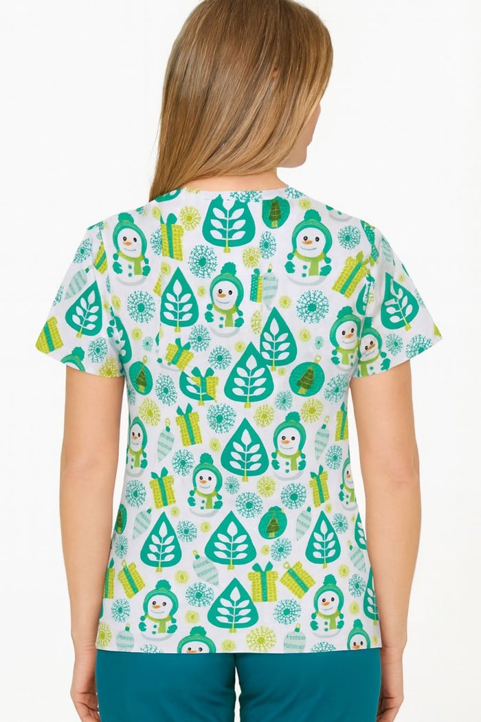 Women’s Snowman Print Christmas Scrub Top – Festive V-Neck Medical Uniform with Pockets