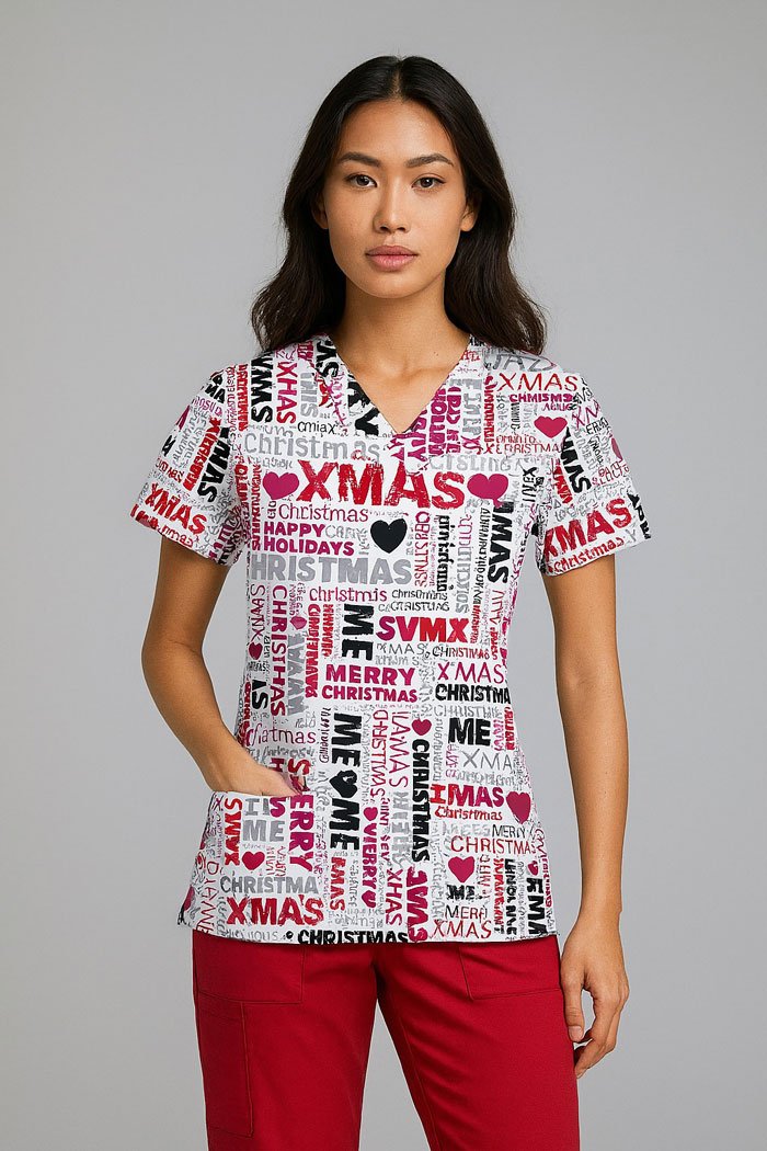 Women’s Christmas Typography Print Scrub Top – Festive V-Neck Medical Uniform with Two Pockets