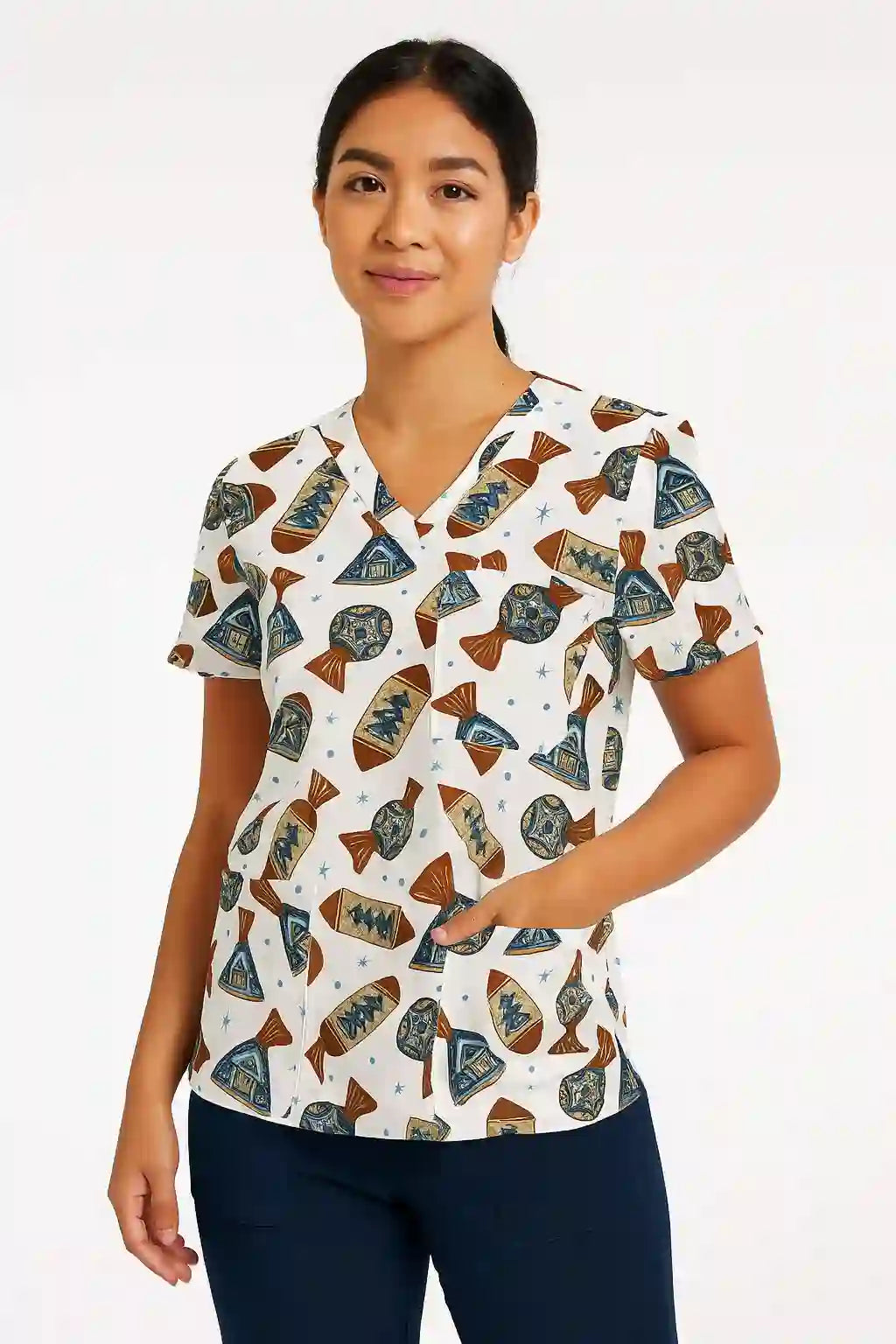 Unisex Christmas Treat Print Scrub Top – Festive Candy & Gift Pattern Medical Uniform