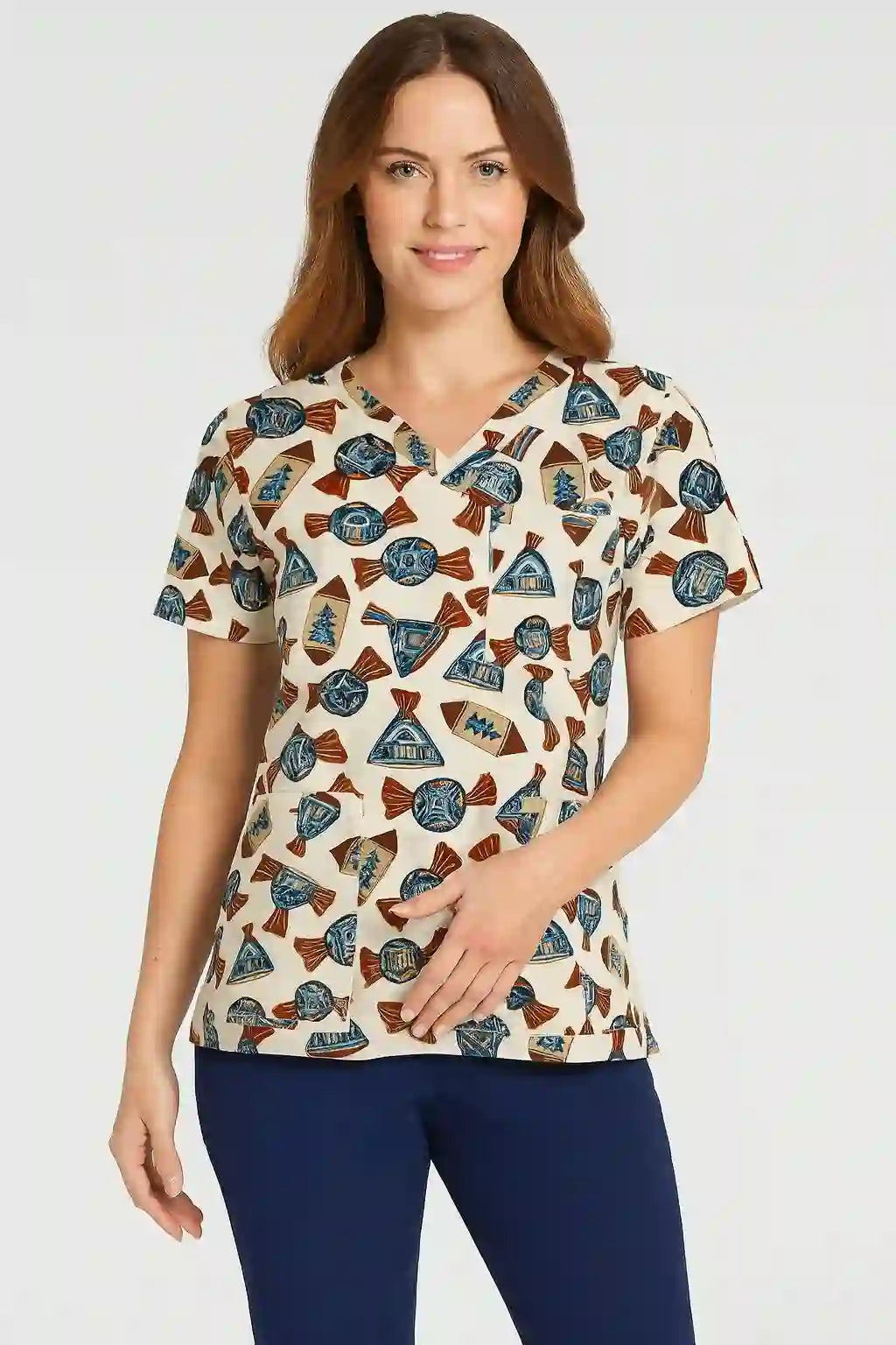 Unisex Christmas Treat Print Scrub Top – Festive Candy & Gift Pattern Medical Uniform