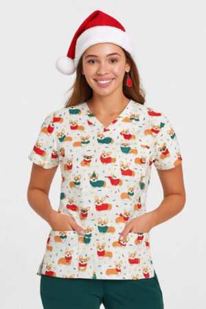 Corgi Christmas Scrub Top – Festive Dog Print Medical Uniform for Nurses, Doctors & Healthcare Professionals | Unisex Holiday Scrubs