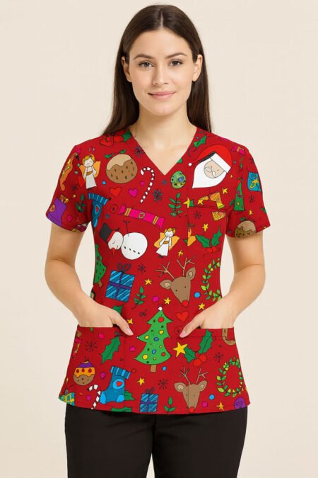 Doodle Christmas Scrub Top – Fun Red Holiday Medical Uniform with Santa, Reindeer & Gifts Print | Festive Scrubs for Nurses & Doctors