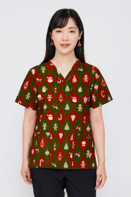 Festive Christmas Scrub Top – Red & Green Holiday Medical Uniform with Nutcracker & Santa Print | Festive Scrubs for Nurses & Doctors