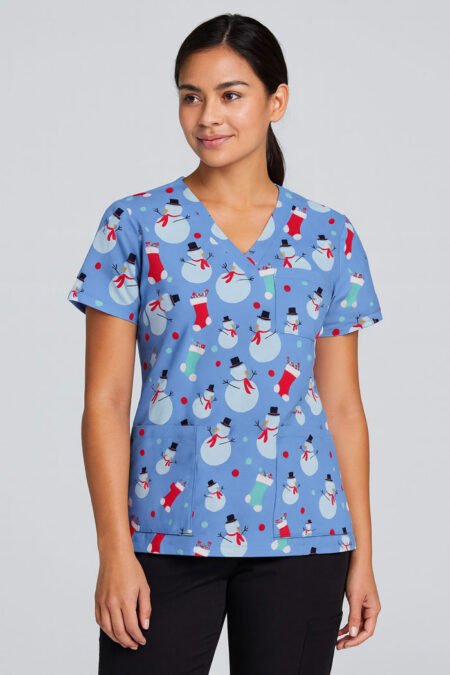 Frosty Christmas Scrub Top – Blue Snowman Print Holiday Medical Uniform | Festive Scrubs for Nurses, Doctors & Healthcare Professionals