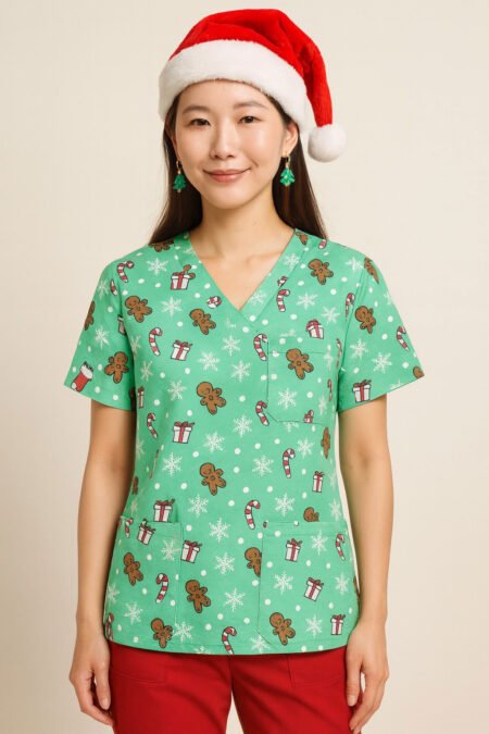 Gingerbread Christmas Scrub Top – Green Holiday Medical Uniform with Candy Cane & Gift Print | Festive Scrubs for Nurses & Doctors