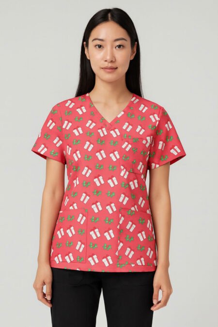 Holly Gift Christmas Scrub Top – Pink Holiday Medical Uniform with Gift & Mistletoe Print | Festive Scrubs for Nurses & Doctors