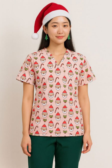 Santa Christmas Scrub Top – Pink Holiday Medical Uniform with Santa & Candy Cane Print | Festive Scrubs for Nurses & Doctors