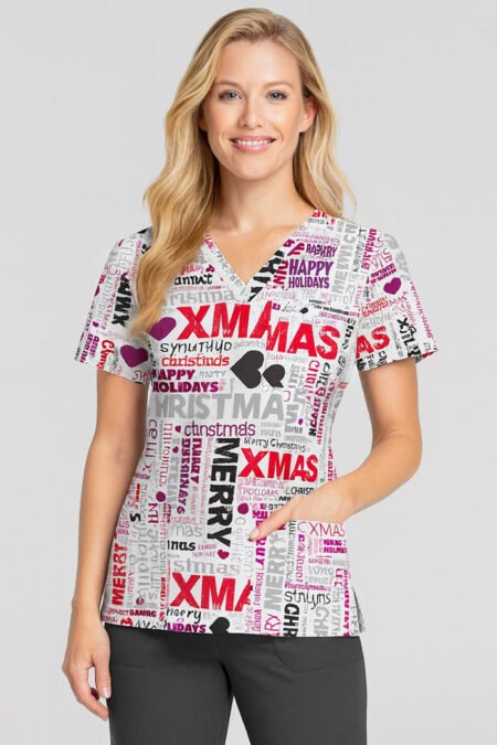 Women’s Christmas Typography Print Scrub Top – Festive V-Neck Medical Uniform with Two Pockets