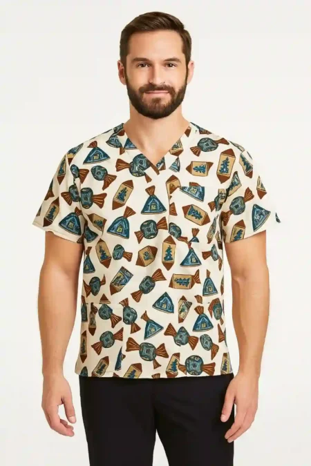 Unisex Christmas Treat Print Scrub Top – Festive Candy & Gift Pattern Medical Uniform