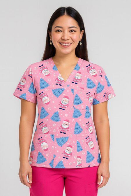 Playful Christmas Scrub Top – Pink Holiday Medical Uniform with Santa & Blue Tree Print | Festive Scrubs for Nurses & Doctors