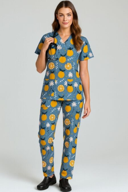 Citrus Bloom Medical Scrub Set – Blue Base with Orange Fruit Print, Soft & Breathable Fabric