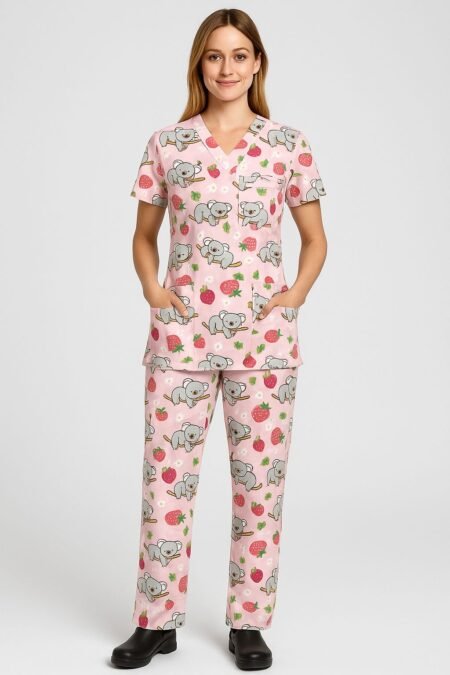 Pink Koala & Strawberry Medical Scrub Set – Soft Fabric, Cute Pediatric-Friendly Print