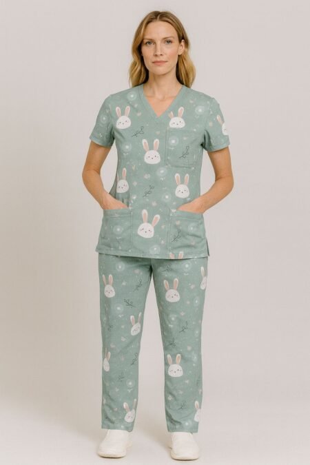 Mint Bunny ComfortFit Medical Scrub Set – Soft Fabric, Cute Pastel Print, V-Neck Top & Matching Pant